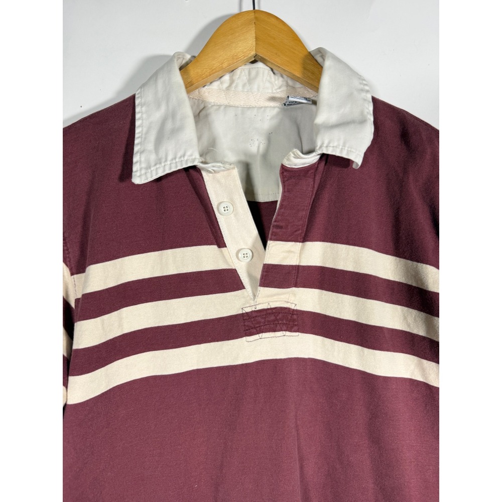 IZOD Mens Long Sleeve Rugby Shirt Maroon Cream Striped Cotton Size M